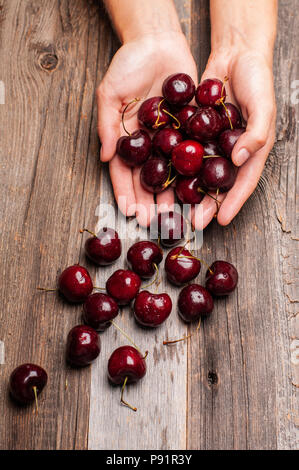 Frau hält frische Kirschen in den Händen. Kirsche auf Holz Tisch Stockfoto