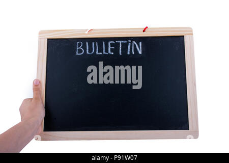 Hand holding the board  with the title of bulletin Stockfoto