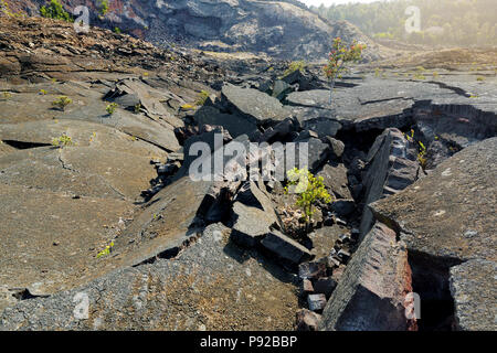 Atemberaubende Aussicht auf den Vulkan Kilauea Iki Krater Oberfläche mit zerbröckelnden Lavagestein in Volcanoes National Park in der Großen Insel von Hawaii, USA Stockfoto