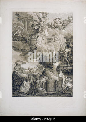 Allegorische Drucken zeigt die Höhe der Brüder Montgolfier, französische Ballonfahrer, Status der Göttlichen. 1790-1820 - Apotheose des Montgolfier Stockfoto