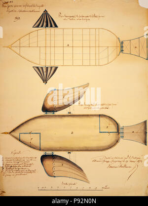 Plateforme aérienne Cerf-Volant libre dirigeable, système Vaussin-Chardanne. Feiulle Nr. 1 - Skalierte Design zeigt System zur Navigation Luftschiff mit Propeller. 1853 Stockfoto