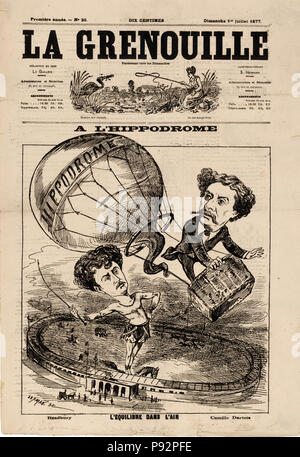 Eine lʹhippodrome-l'Equilibre dans l'air - Französische Karikatur zeigt die Ballonfahrer Camille Dartois in einem Ballon 1877 Stockfoto