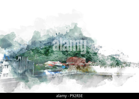 Abstrakte Gebirge und Stadt auf Aquarell Hintergrund. Stockfoto