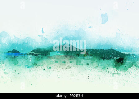 Abstrakte Stadt und Gebirge Aquarell Hintergrund. Stockfoto