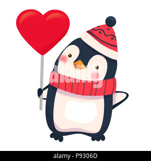 Pinguin holding Herzen unterschreiben. Penguin Cartoon Illustration. Stockfoto