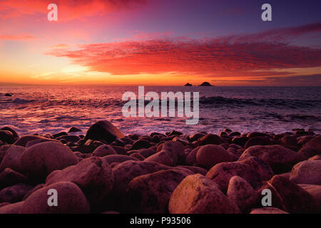 Schönen lila getönte Wellen auf einem felsigen Strand bei Sonnenuntergang über Porth Nanven im Babybett Tal von Cornwall, England brechen Stockfoto