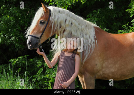 Michurinsk, Russland, 24. Mai 2018: Kind Mädchen und Tiroler Haflinger auf der offiziellen Generalprobe des Mitschurin landwirtschaftliche Ausstellung Stockfoto