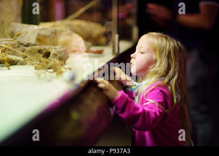 Süße kleine Mädchen Tiere beobachten in den Zoo. Kind beobachten zoo Tiere durch die Fenster. Schlangen in einem Terrarium. Stockfoto