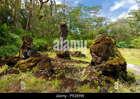 Lava Formen der Baumstämme, die gebildet wurden, als ein Lavastrom durch ein Waldgebiet in Lava Tree State Monument auf der grossen Insel von Hawaii gefegt, Stockfoto