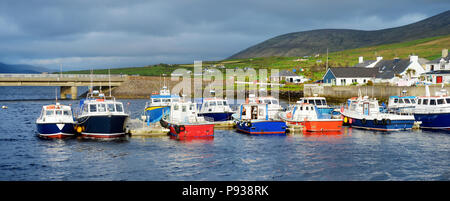 Bunte Fischerboote und Yachten im Hafen von Portmagee Stadt an der West Küste von Irland. Kleine Städte und Dörfer auf der berühmten irischen Ring Stockfoto