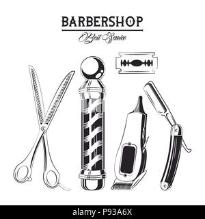 Barbershop vintage Emblem mit retro Zeichnungen Vector Illustration graphic design Stock Vektor