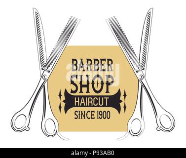 Barbershop vintage Emblem mit retro Zeichnungen Vector Illustration graphic design Stock Vektor