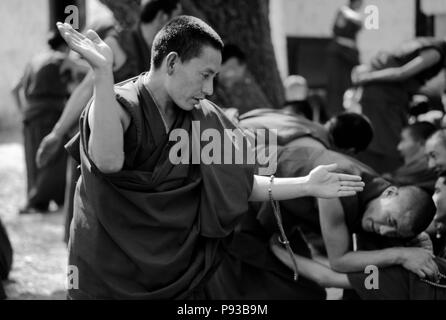 Mönche Debatte die Feinheiten des tibetischen Buddhismus in dieser historischen Form des Lernens im Kloster Sera-Lhasa, Tibet Stockfoto