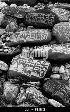 Hand geschnitzten Mani Steine mit buddhistischen Gebete am heiligen See Manasarovar (4550 m) - KAILASH, Tibet Stockfoto