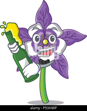 Mit Bier columbine Blume Maskottchen Karikatur Stock Vektor