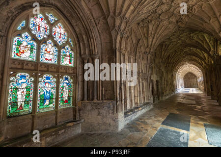 Ein Buntglasfenster in den Cloisters in Gloucester Cathedral, Gloucester, England Stockfoto