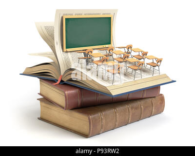 Vintage Books mit Blackboard und Schulbänke im Auditorium. Bildung Konzept. 3D-Darstellung Stockfoto