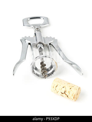 Braun Natur Wein Kork mit Korkenzieher auf weißem Hintergrund Stockfoto