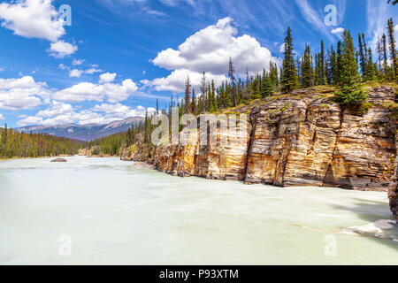 Athabasca River mit atemberaubenden Canyon Wände an Athabasca Falls im Jasper Nationalpark auf dem Icefield Parkway in Alberta, Kanada. Stockfoto