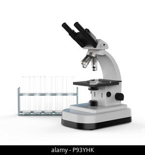 3D-rendering Mikroskop oder optisches Instrument mit Reagenzgläsern Stockfoto