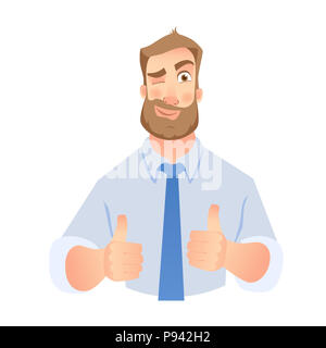 Happy Geschäftsmann. Winking Mann. Daumen hoch. Stockfoto
