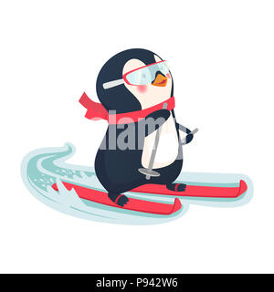 Pinguin reiten auf Skiern im Schnee. Penguin Cartoon Illustration. Stockfoto