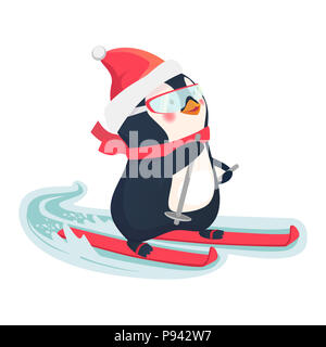 Pinguin reiten auf Skiern im Schnee. Penguin Cartoon Illustration. Stockfoto