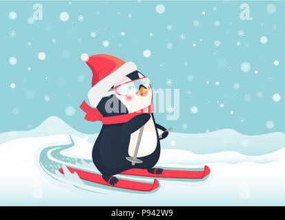 Pinguin reiten auf Skiern im Schnee. Penguin Cartoon Illustration. Stockfoto