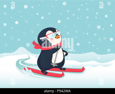 Pinguin reiten auf Skiern im Schnee. Penguin Cartoon Illustration. Stockfoto