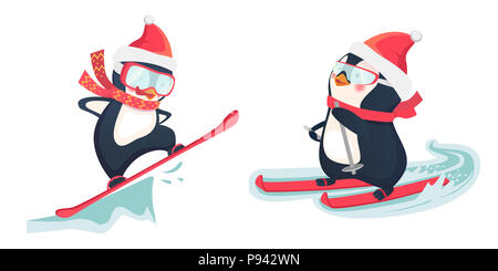 Pinguin reiten auf Skiern im Schnee. Snowboarder zu springen. Pinguin Abbildung. Stockfoto