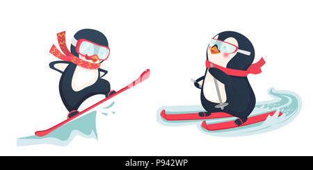 Pinguin snowboarder zu springen. Pinguin reiten auf Skiern im Schnee. Wintersport Abbildung. Stockfoto