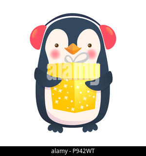 Pinguin mit Geschenk. Penguin Cartoon Illustration. Tier niedlich