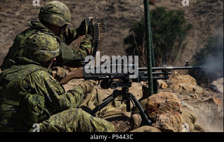 180706-O-N 0842-3007 MARINE CORPS BASE CAMP Pendleton, Calif (6. Juli 2018) Die Mitglieder der Kanadischen 2. Bataillon Royal 22e Régiment Signal der Beginn eines Angriffs durch den C6 General Purpose Machine Gun feuern während einer Live-fire Übung im Bereich 208 Charlie während der Biennale der Pacific Rim (Rimpac) Übung im Marine Corps Base Camp Pendleton, Juli 6. 25 Nationen, 46 Schiffe, 5 U-Boote, über 200 Flugzeuge, und 25.000 Mitarbeiter beteiligen sich an Rimpac vom 27. Juni bis 2. August in und um die hawaiischen Inseln und Südkalifornien. Die weltweit größte internationale Maritim Stockfoto