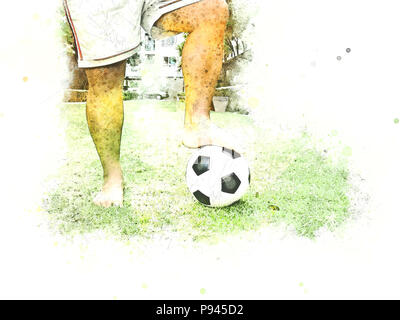 Abstrakte Spieler und Ball auf Gras Aquarell Hintergrund. Stockfoto