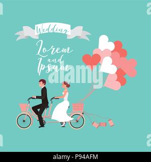 Braut und Bräutigam auf tandem Fahrrad mit Luftballons Hochzeit Vektor-illustration Skizze Stock Vektor