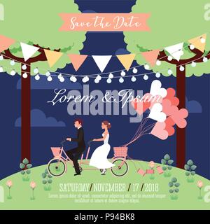 Hochzeit paar Reiten in Tandem Ballons park Datum speichern Karte Vector Illustration Stock Vektor
