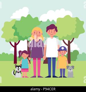 Menschen Park lächelnde Familie mit zwei Hunde Kinder genießen Vector Illustration Stock Vektor