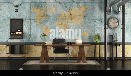 Retro-Büro in einem Loft mit Holz- dek und Weltkarte auf Hintergrund - 3D-Rendering Stockfoto