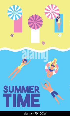 Sommerferien handtücher Regenschirme zeit Strand Menschen im Meer Vector Illustration Stock Vektor