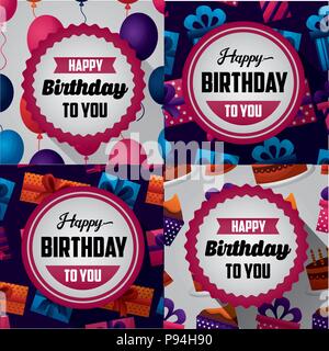 Happy Birthday Card collorful banner Aufkleber schild Geburt für Sie glücklichen Tag ballons Geschenke kuchen Vector Illustration Stock Vektor