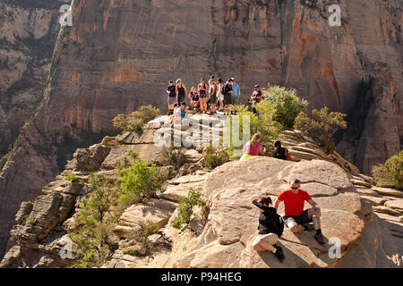 UT 00445-00... UTAH - Wanderer entspannen und genießen den Blick vom Gipfel des Angels Landing im Zion National Park. Stockfoto