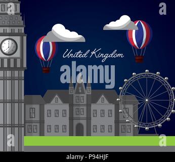 Vereinigtes Königreich Land Flagge Heißluftballon London Eye, Big Ben Vector Illustration Stock Vektor