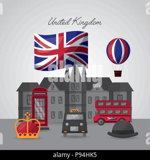 Königreich Land Flagge Ballon castle Crown united Taxi hat Double Decker Telefon Vector Illustration Stock Vektor