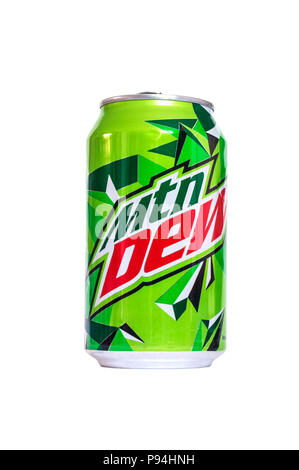 Ein Mtn Dew, oder Mountain Dew, eine Zitrusfrucht Soft drink durch PepsiCo in den Vereinigten Staaten Stockfoto