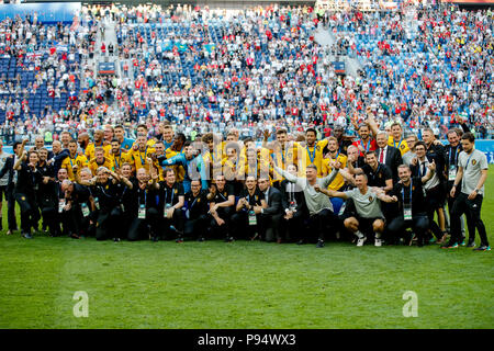 St. Petersburg, Russland, 14. Juli 2018. Belgien Feiern nach dem Gewinn der Weltmeisterschaft 2018 den dritten Platz Play-Off Spiel zwischen Belgien und England in Sankt Petersburg Stadion am 14. Juli 2018 in Sankt Petersburg, Russland. (Foto von Daniel Chesterton/phcimages.com) Credit: PHC Images/Alamy leben Nachrichten Stockfoto