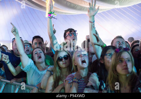 Aufgeregte Masse an einer Überraschung gig von Liam Gallagher auf Latitude Festival, henham Park, Suffolk, England, 14. Juli 2018 Stockfoto