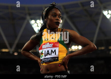 Elaine Thompson von Jamaika nach an zweiter Stelle bei den Frauen 100 m. Leichtathletik-WM 2018, am Tag 1 bei der Londoner Stadion im Queen Elizabeth Olympic Park, Stratford am Samstag, den 14. Juli 2018. Die Auftaktveranstaltung bietet acht Nationen; USA, GB&NI, Polen, China, Deutschland, Frankreich, Jamaica und Südafrika. Dieses Bild dürfen nur für redaktionelle Zwecke verwendet werden. Redaktionelle Verwendung nur, pic von Steffan Bowen/Andrew Orchard sport Fotografie/Alamy leben Nachrichten Stockfoto