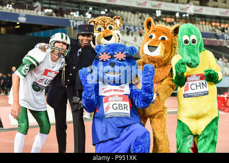 Die offiziellen Maskottchen, dass 8 Länder während der Leichtathletik WM in London 2018 London Stadion am Samstag, 14. Juli 2018. LONDON, ENGLAND. Credit: Taka G Wu Stockfoto