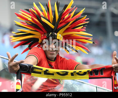 St. Peters Burg, 14. Juli 2018; eine Belgien Ventilator feiert nach dem dritten Platz. SESHADRI SUKUMAR Credit: SESHADRI SUKUMAR / alamy Leben Nachrichten Stockfoto