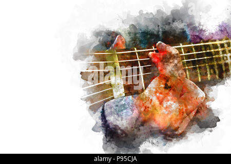 Abstrakte schöne Gitarre spielen Close up im Vordergrund auf Aquarell Hintergrund und Digitale Illustration Bürste Art. Stockfoto